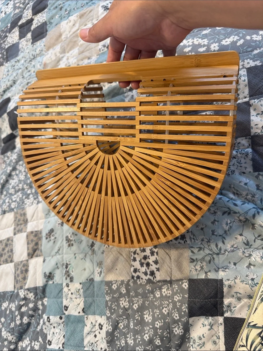 Natural Bamboo Semi-Circle Clutch with Tropical Floral Cream Pouch